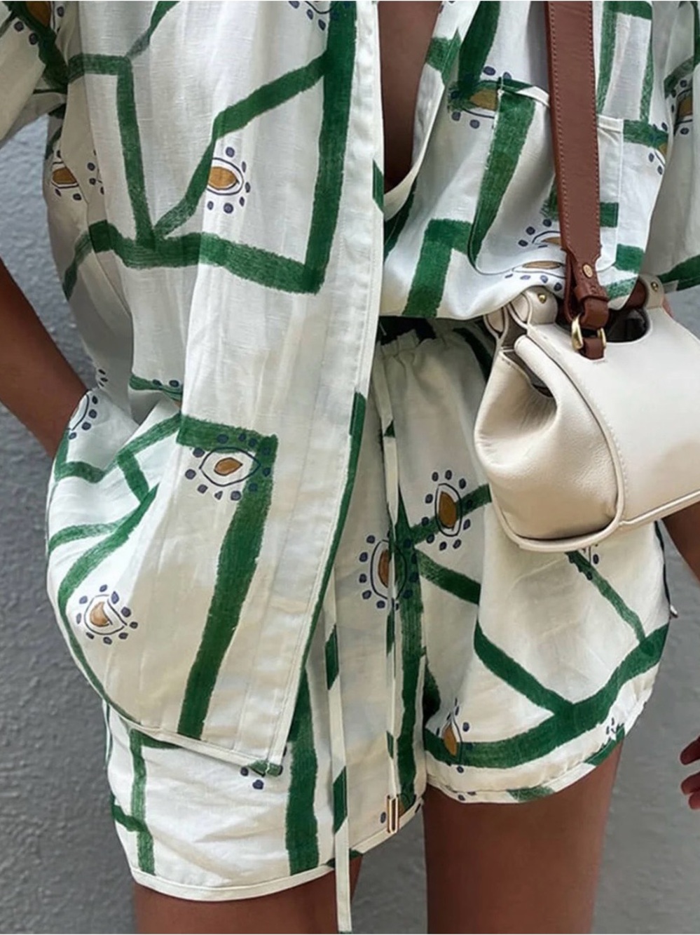 Commense White Two-Piece Set with Green Geometric Print- Tropical vacation